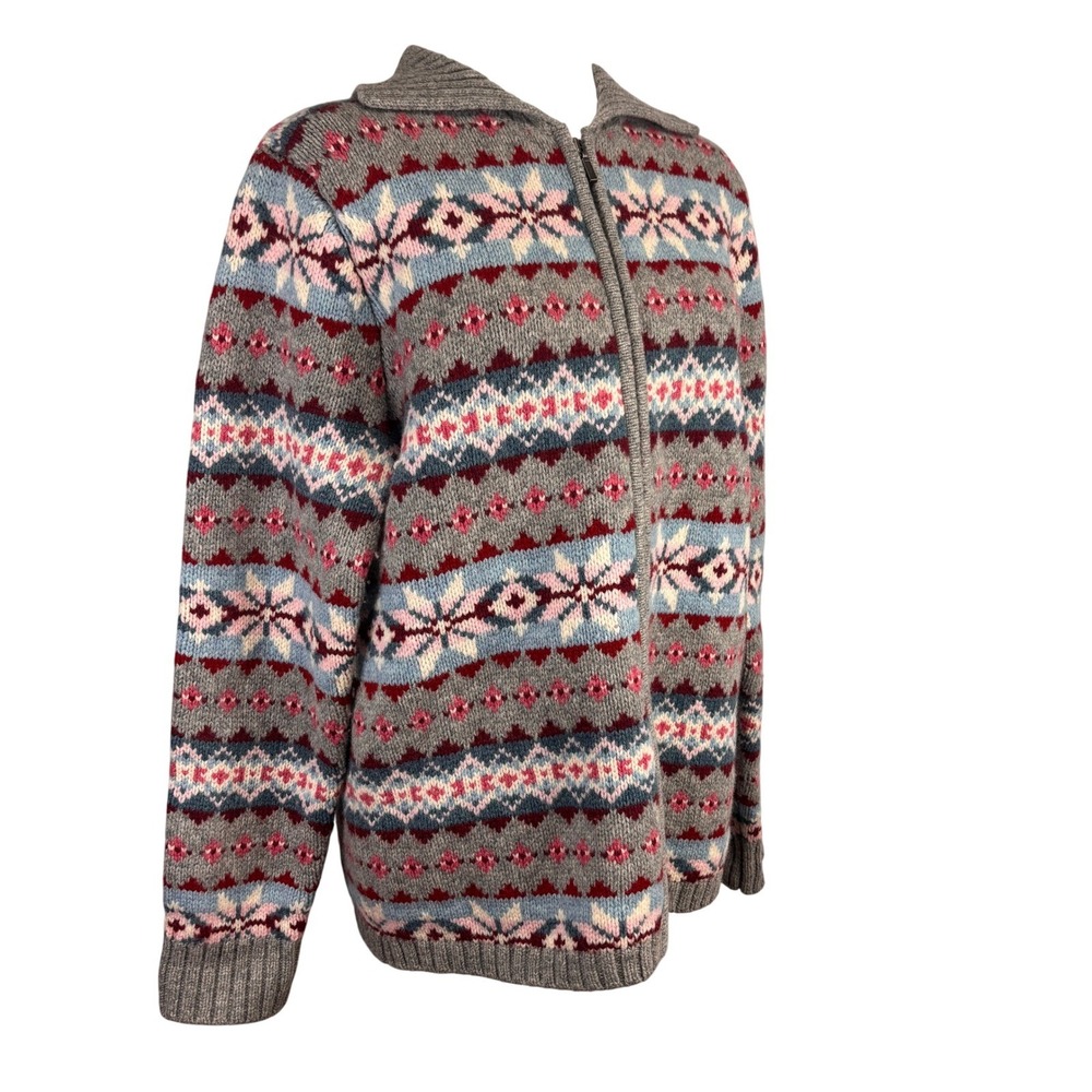 L.L. Bean Cardigan Sweater Womens L Grey Fair Isle Full Zip Wool Nordic‎ Grandma - Picture 2 of 8